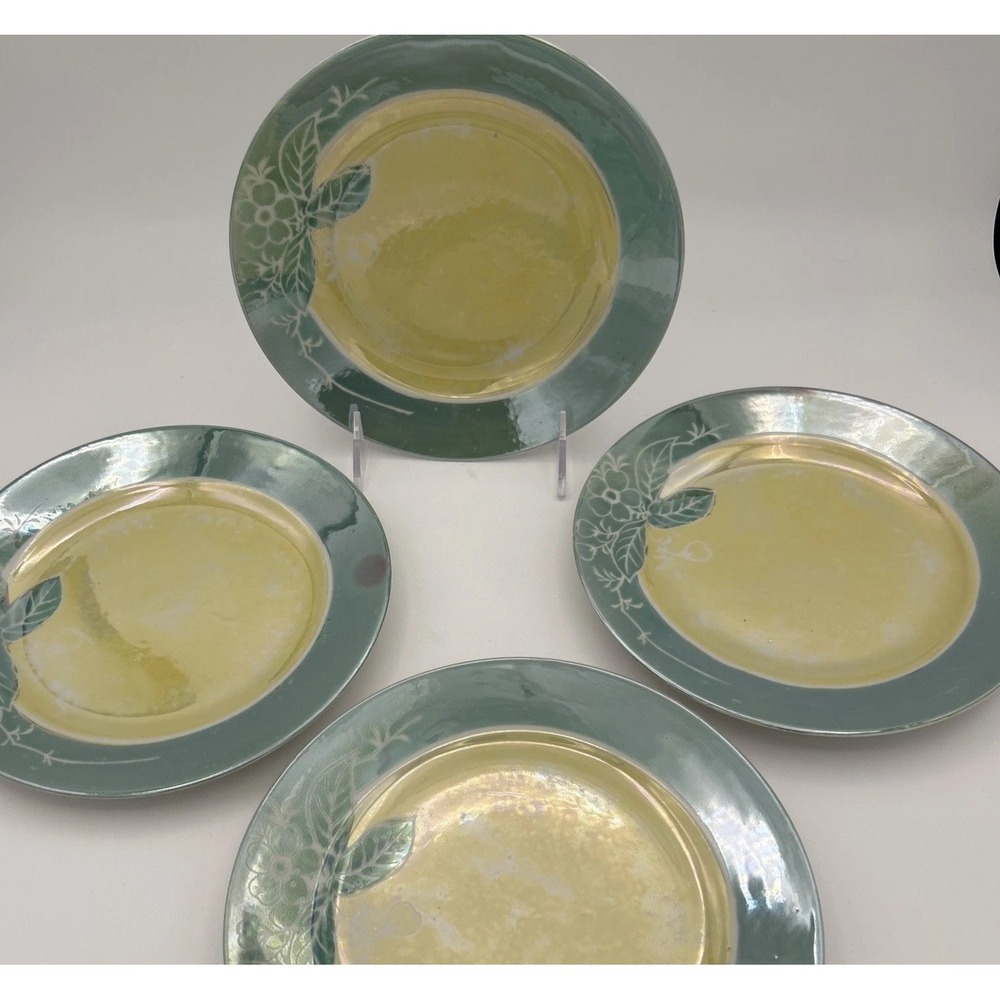 Lusterware Green Yellow Floral 7.5" 4 Luncheon Plates Hand painted Japan #4510